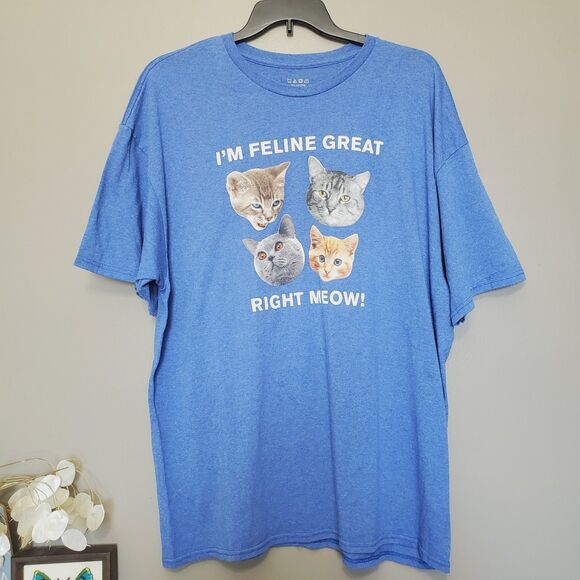 Cat T-Shirt Size 2XL "I'm Feline Great Right Meow" Kitten Short Sleeve Blue - Picture 1 of 7